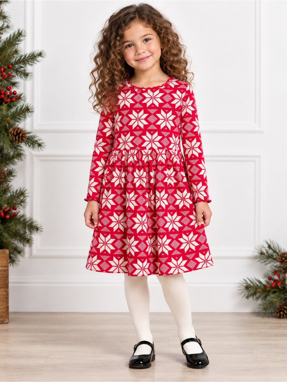 Hanna Andersson Red White Fair Isle Nordic Long Sleeve Dress Size 6-7 (120 cm)
